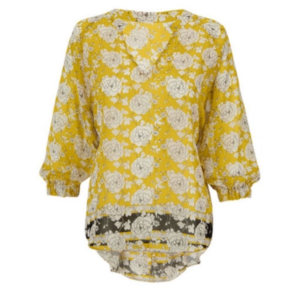 Cabi Amelia Gather yellow white black sheer floral popover top size Medium #5713